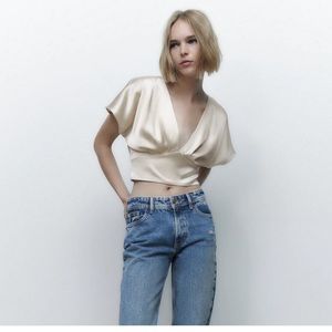 NWT Zara Ivory Satin Top With Bow In Back